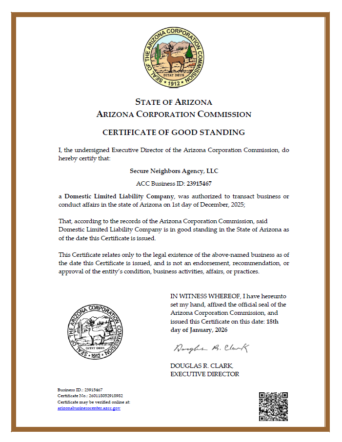 "Secure Neighbors Agency, llc — Amendment accepted January 12, 2026 by the Arizona Corporation Commission. Certificate of Good Standing shown here