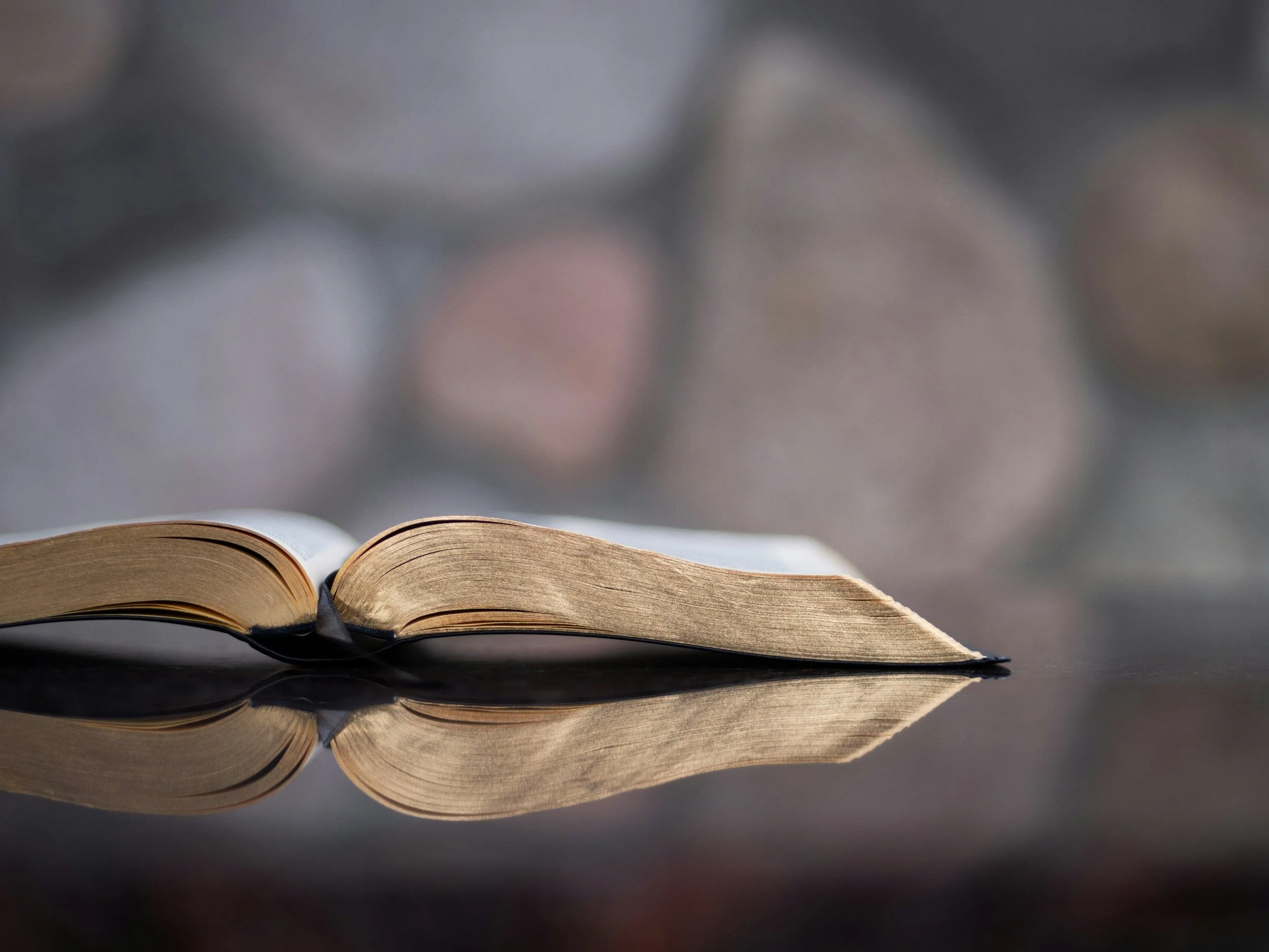An open book with aged pages lying on a reflective surface, mirrored beneath it with a blurred stone wall in the background.