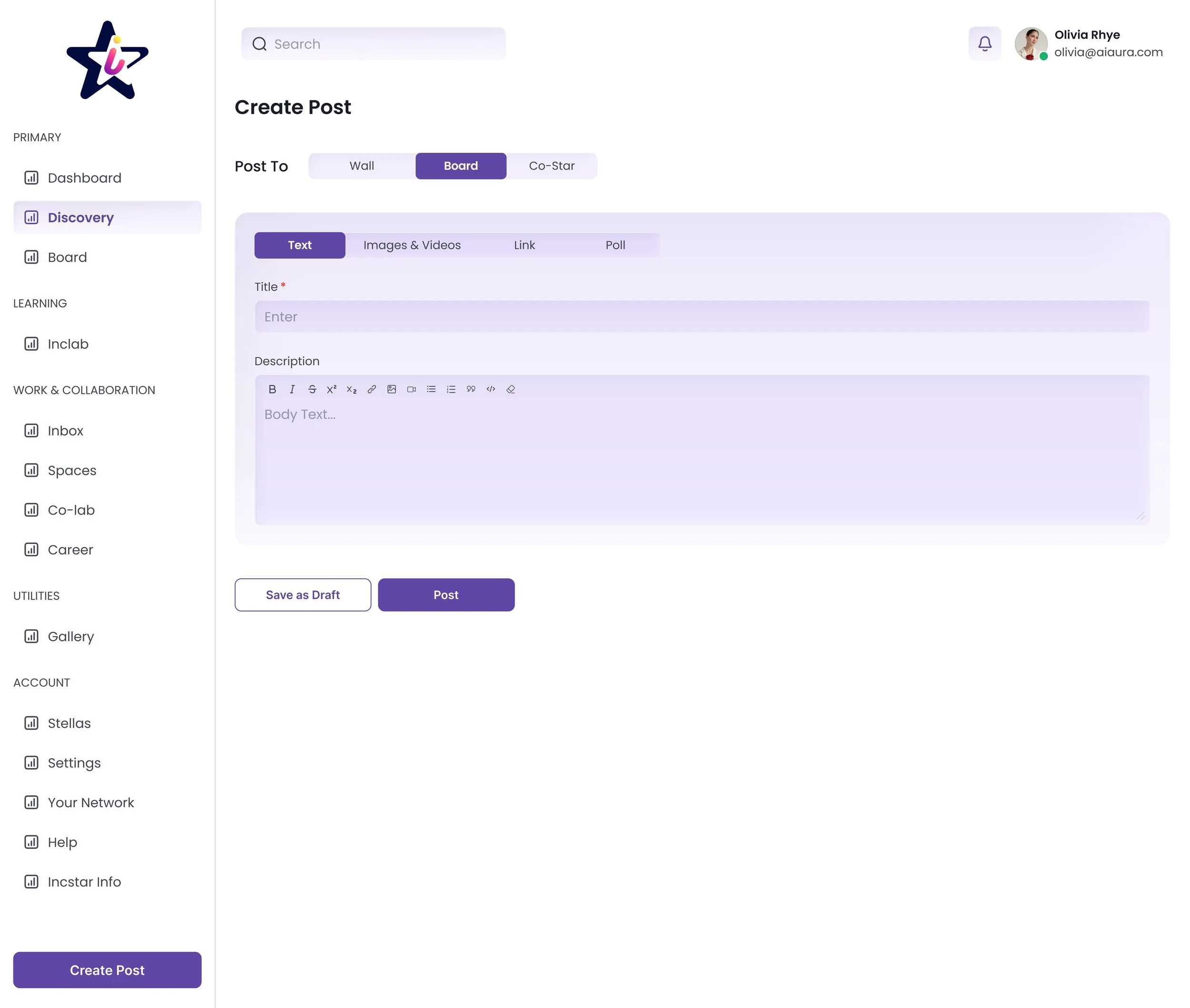  image of a social media post creation interface with options to select post type, title, and description. The interface is predominantly purple and white, with a user profile picture and email in the top right corner.