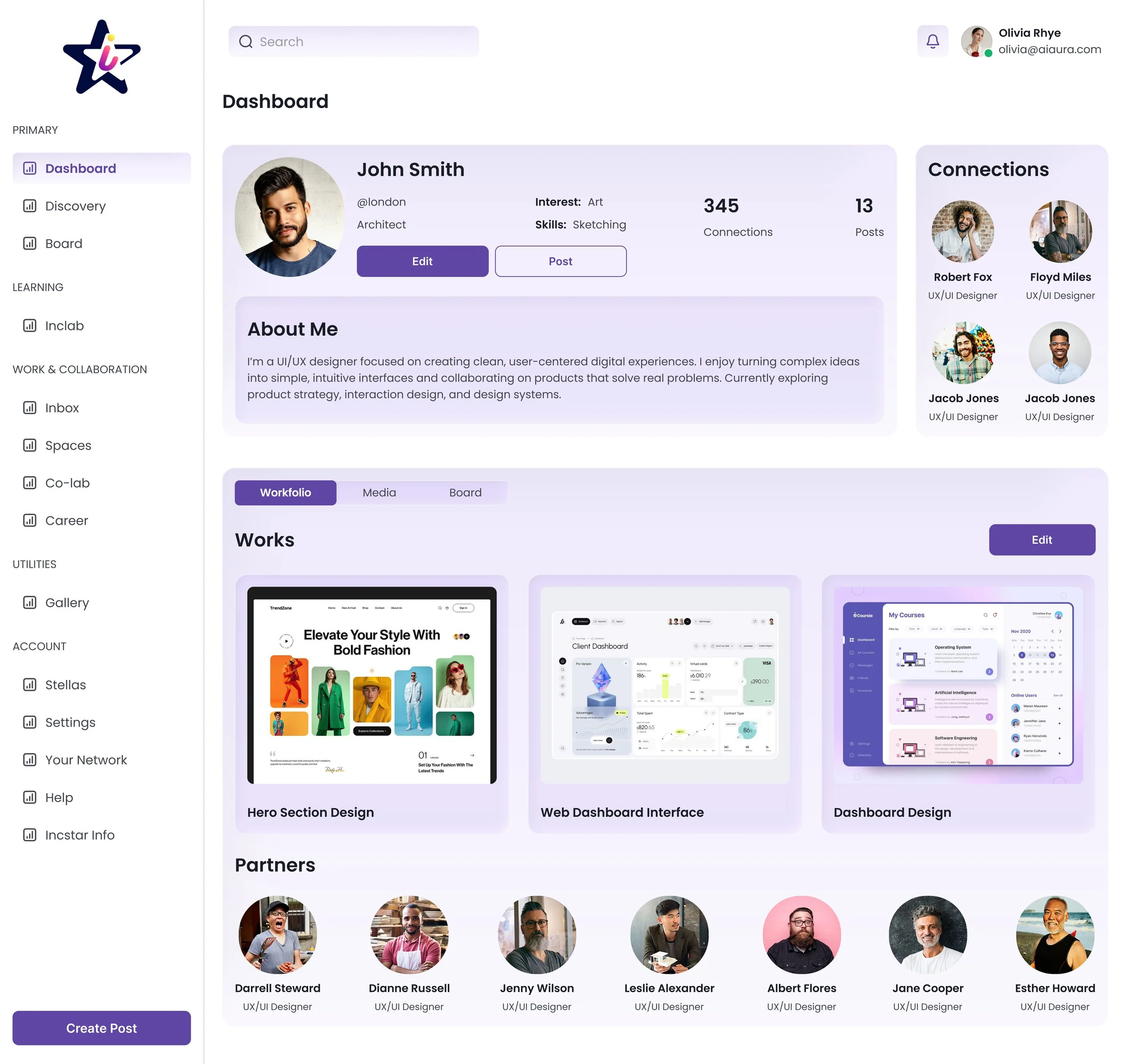 A computer dashboard displaying a profile overview of John Smith, an architect interested in art. The dashboard includes sections for about me, work portfolio with three project images, connections on the right side, and a list of partners at the bot