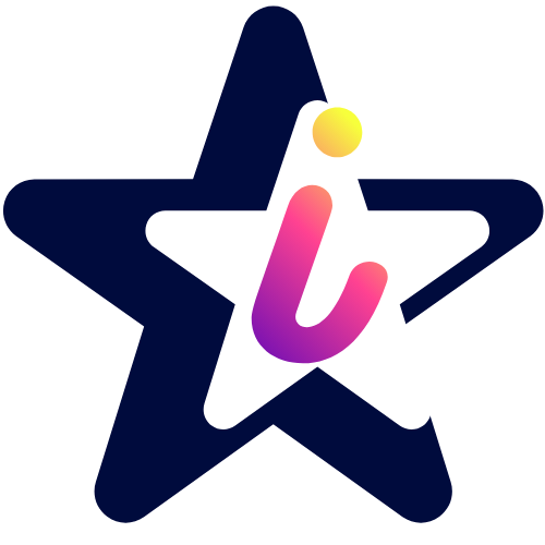 Logo with a blue star and a gradient pink to orange letter 'i' inside it.
