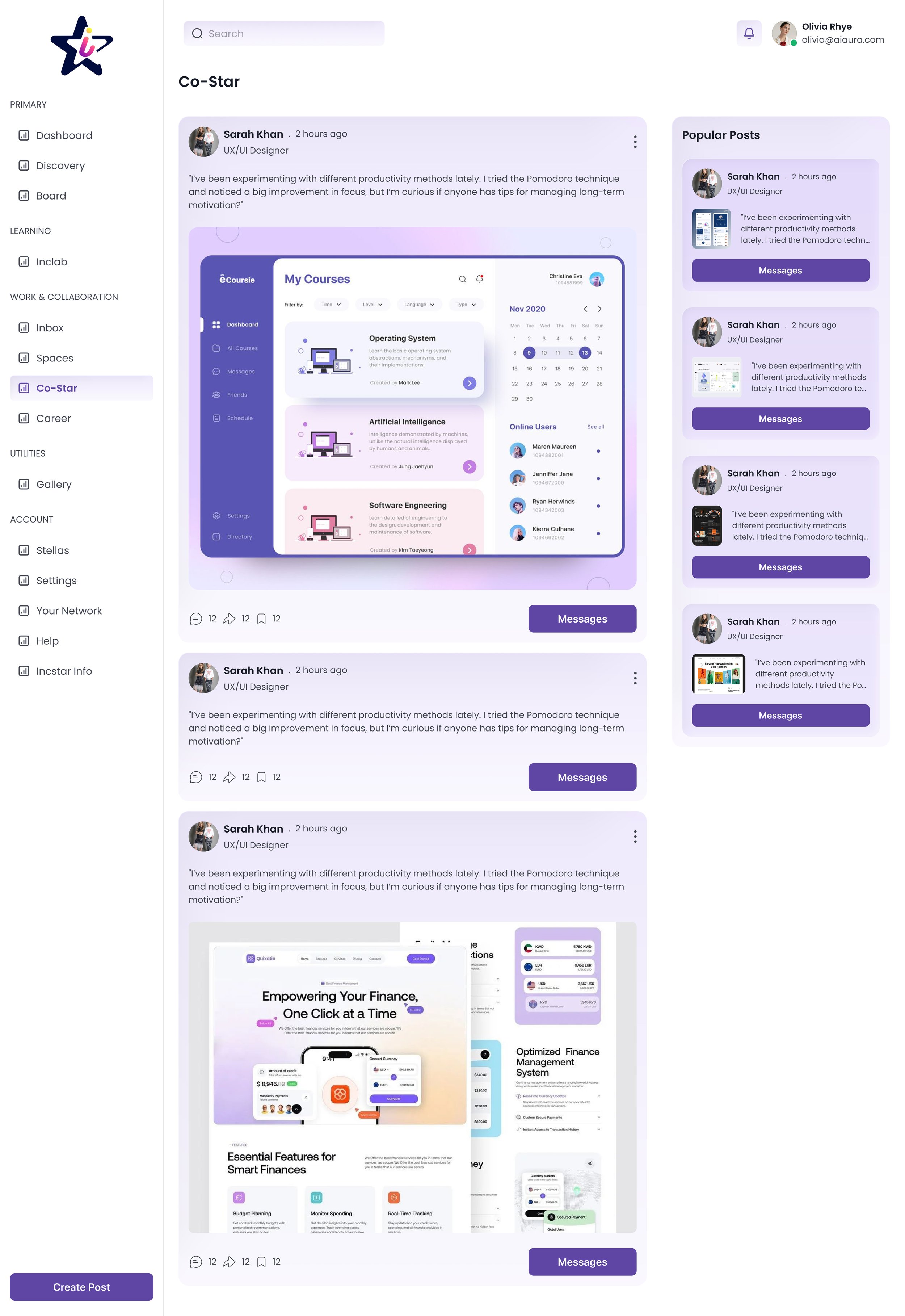 image of a social media or messaging platform with a user profile named Sarah Khan, UX/UI Designer. It features posts, messages, courses, and educational content related to technology and finance, with a purple and white color scheme.