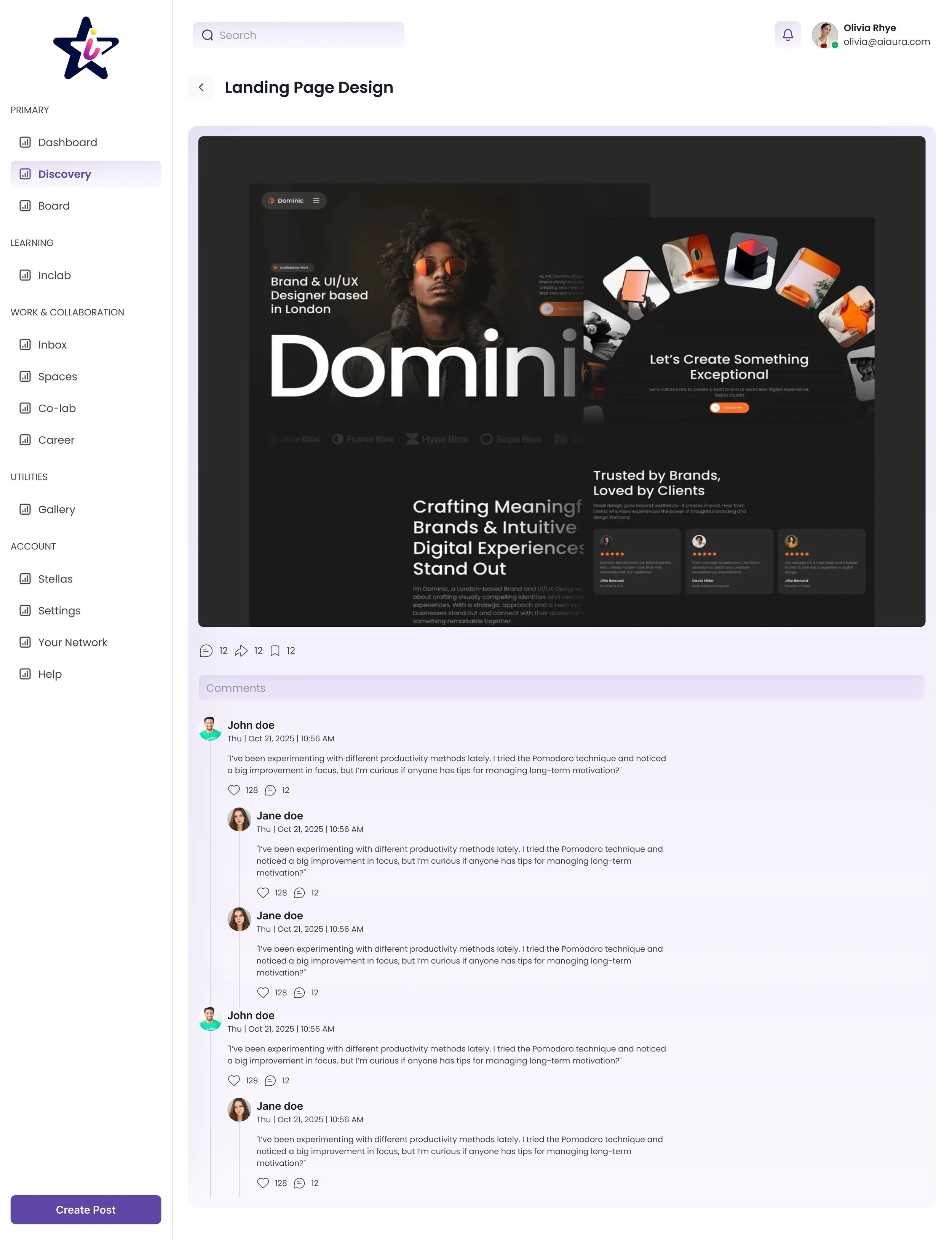 Screenshot of a social media or project management platform showing a landing page design for a branding or UX/UI project, with a navigation menu on the left, a top search bar and user profile info, and a comment section at the bottom.