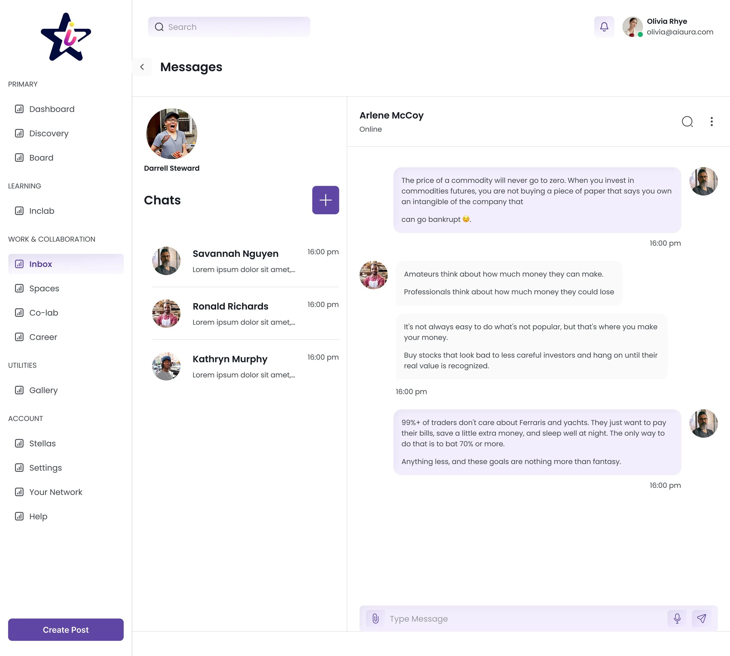 Screenshot of a messaging app with a sidebar menu on the left, displaying options such as Dashboard, Discovery, Board, Inbox, Spaces, Co-lab, Career, Gallery, Stellas, Settings, Your Network, Help. The main panel shows a list of contacts and conversa