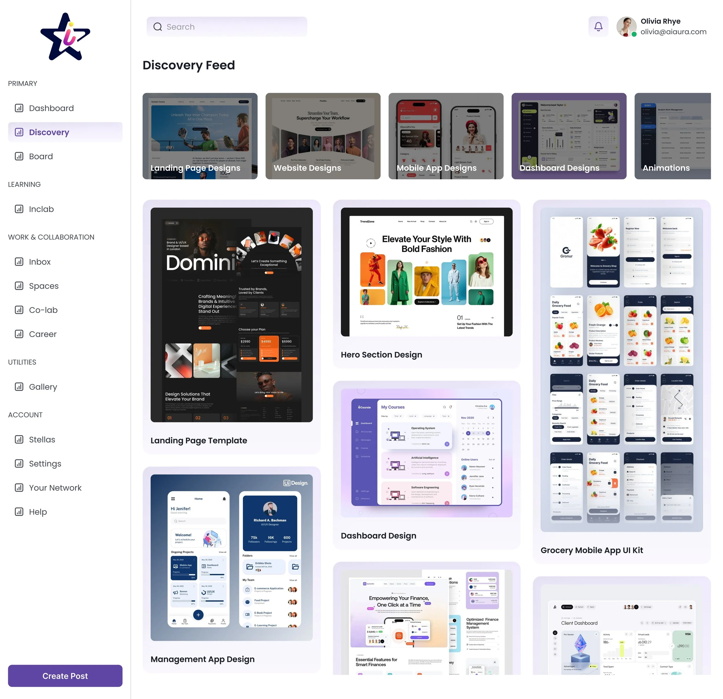 Screenshot of a dashboard interface of a design platform, displaying a discovery feed with various templates for landing pages, websites, mobile apps, dashboards, and animated designs. The left sidebar includes menu options like Dashboard, Discovery,