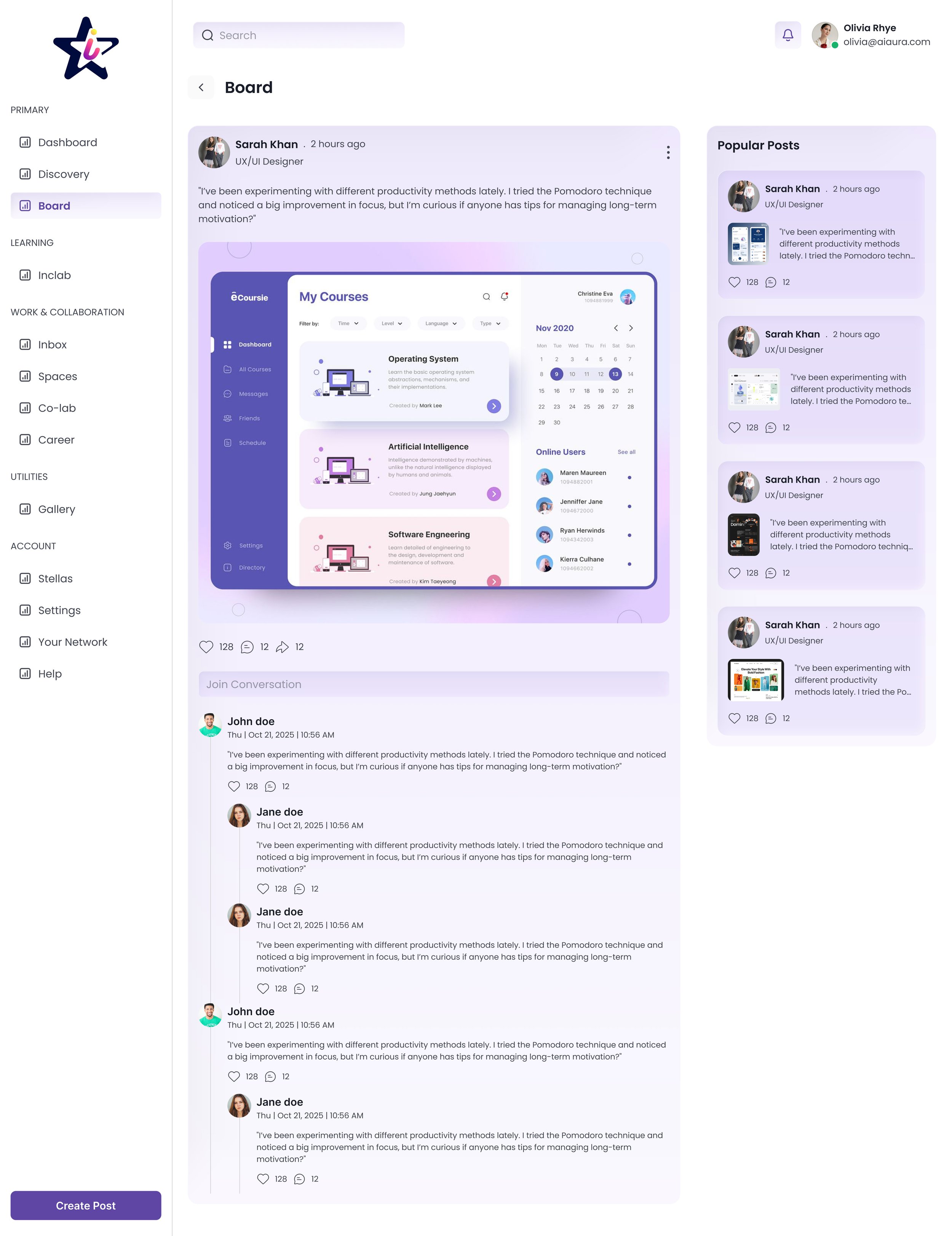 Screenshot of an online learning platform dashboard showing course content, user comments, and trending posts, with a sidebar menu and a purple 'Create Post' button.