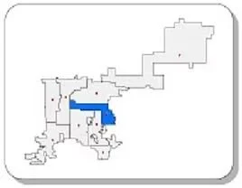 Simple black and white map with a blue highlighted area and red dots.