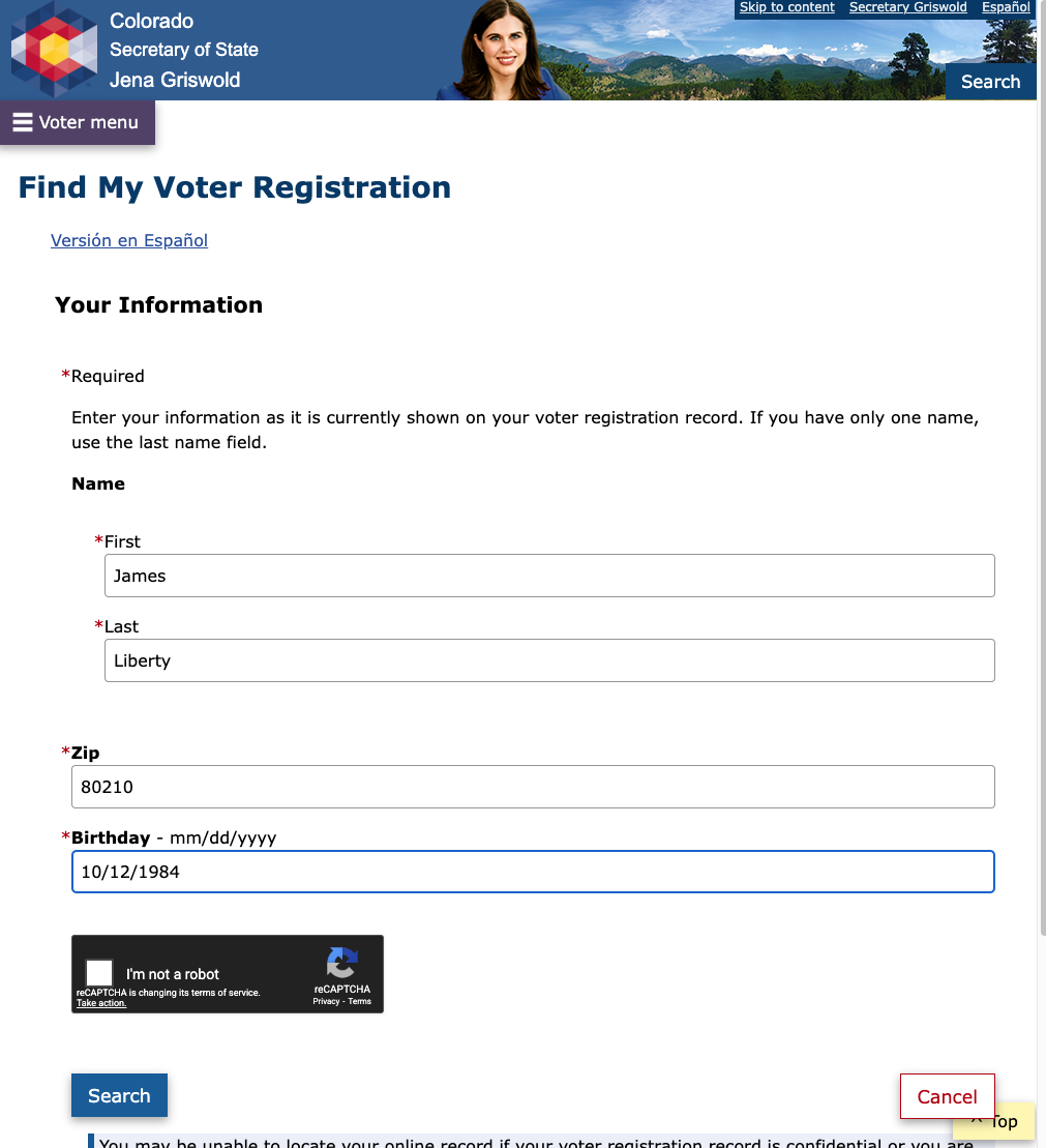Voter registration webpage for Jena Griswold, Colorado Secretary of State, with a scenic mountain landscape banner and a woman smiling at the top.