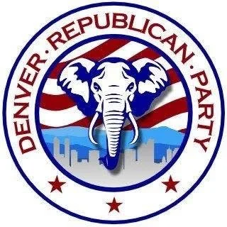 Logo of the Denver Republican Party featuring an elephant head with American flag background, city skyline, and text Circle reads "Denver Republican Party".