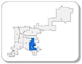 Map highlighting a region in blue within a larger area outline.