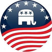 A circular logo with a blue background, featuring white stars around the top edge, an elephant symbol in the center, and red and white wavy stripes at the bottom.