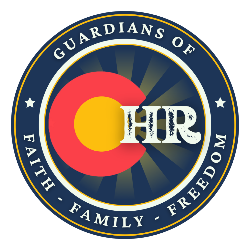 Emblem of the Guardians of the Earth, featuring a stylized Colorado flag icon in the center with rays emanating outward, and the words 'Guardians of the Earth' and 'Faith - Family - Freedoms' encircling the icon.