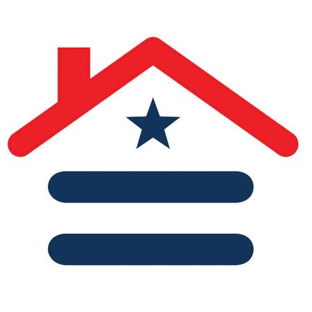 A logo featuring a red house roof, a blue star beneath the roof, and three blue horizontal lines underneath the star.