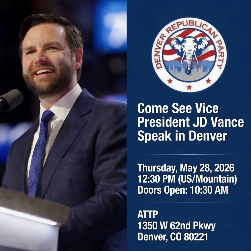 A man in a suit speaking at a podium, with an event poster on the right side of the image. The poster features the Denver Republican Party logo and details about a speech by Vice President JD Vance in Denver on May 28, 2026.