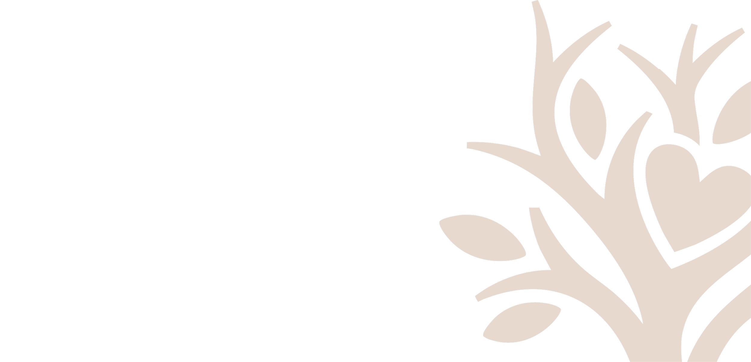A black background with a white stylized tree design on the right side.