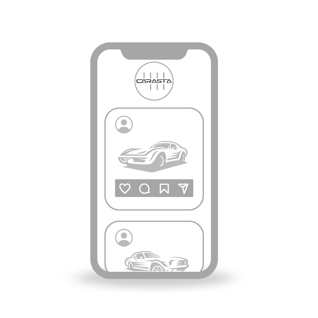 A grayscale illustration of a smartphone displaying social media posts featuring sports cars, with the logo 'Carasta' at the top.