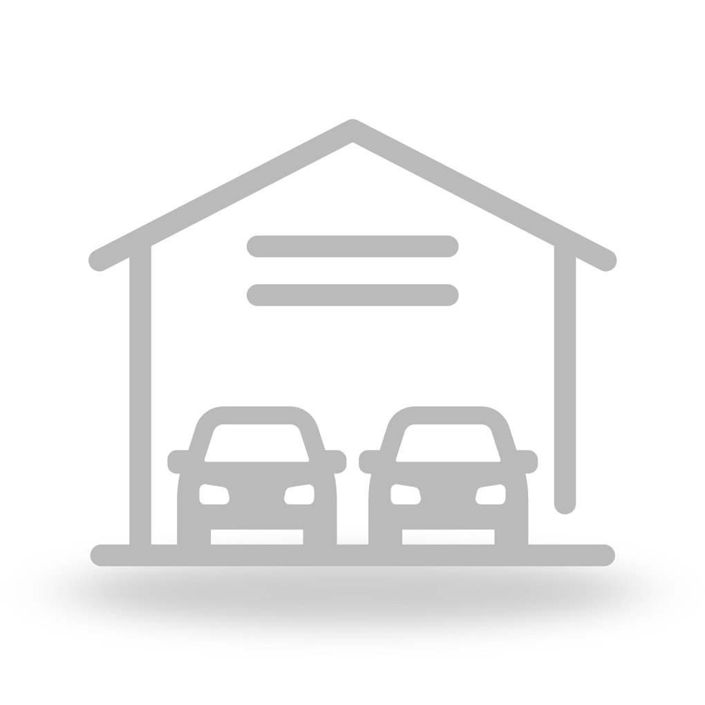 Outline drawing of a garage with two cars parked inside.