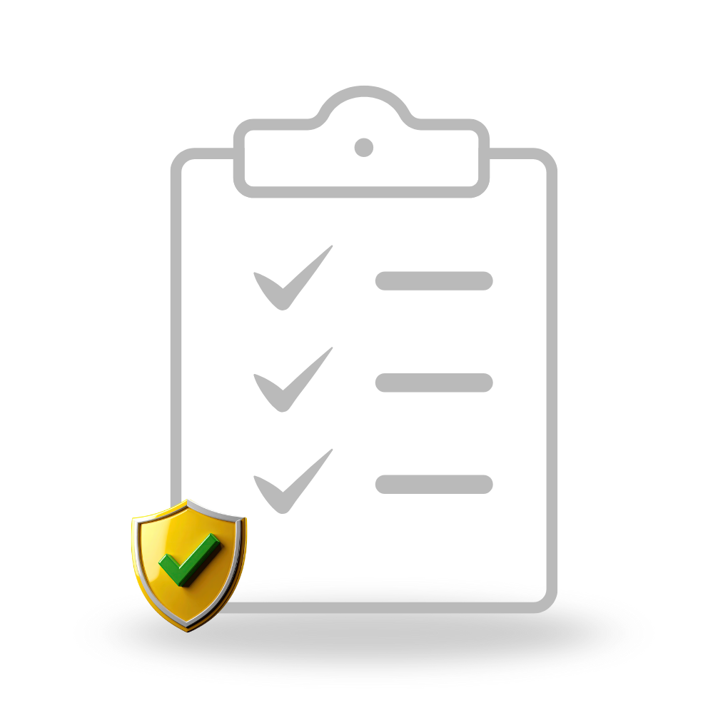 Outline of a checklist on a clipboard with three checked items and a shield badge with a checkmark