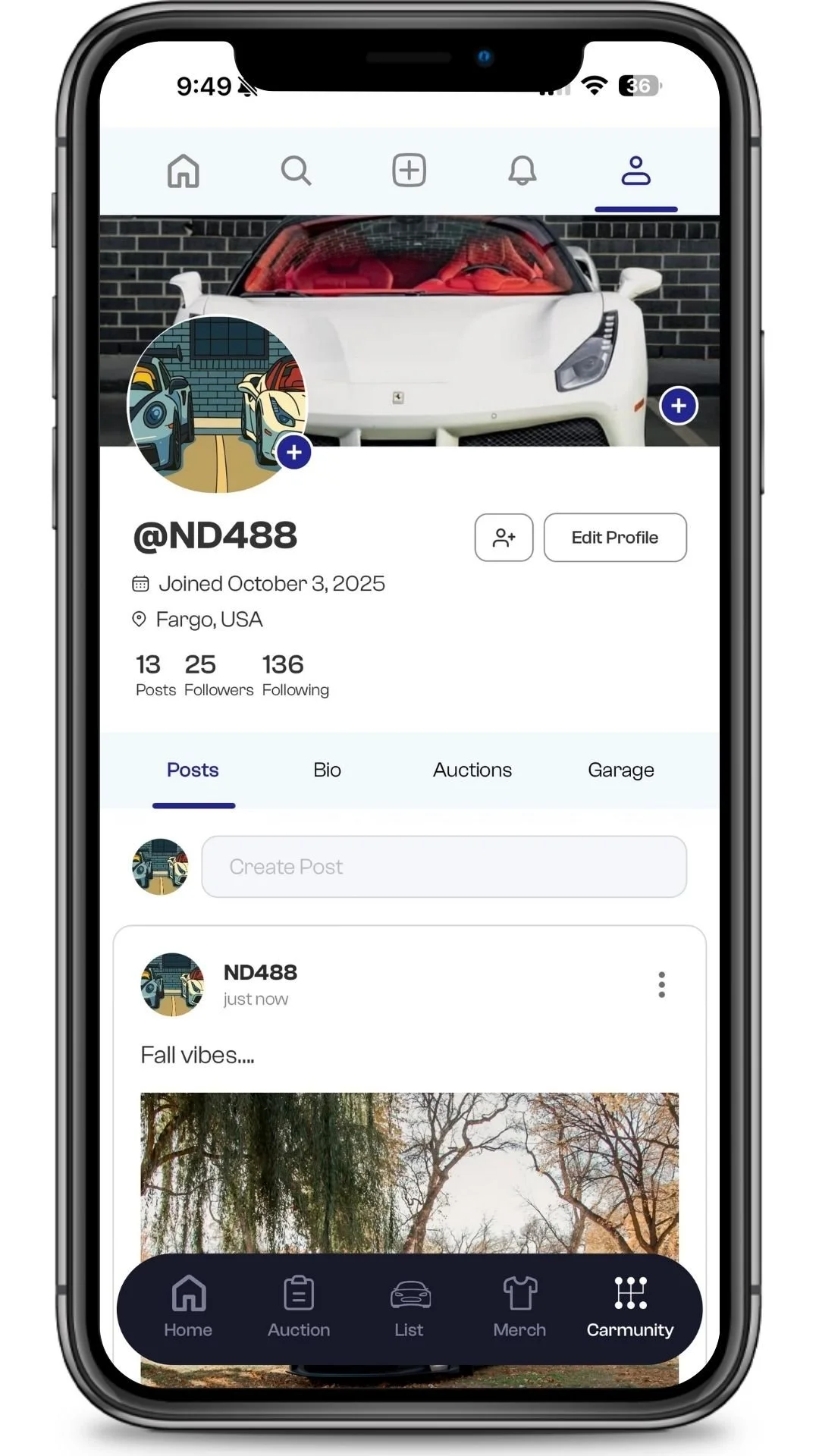 A smartphone screen displaying a social media profile of a user named @ND488 from Fargo, USA. The profile header has a cover photo of a white sports car with a red interior, possibly a Ferrari. The profile picture is an illustration of cars in a parking lot. Below are sections for posts, bio, auctions, and garage. A recent post shows a fall scene with trees and leaves.