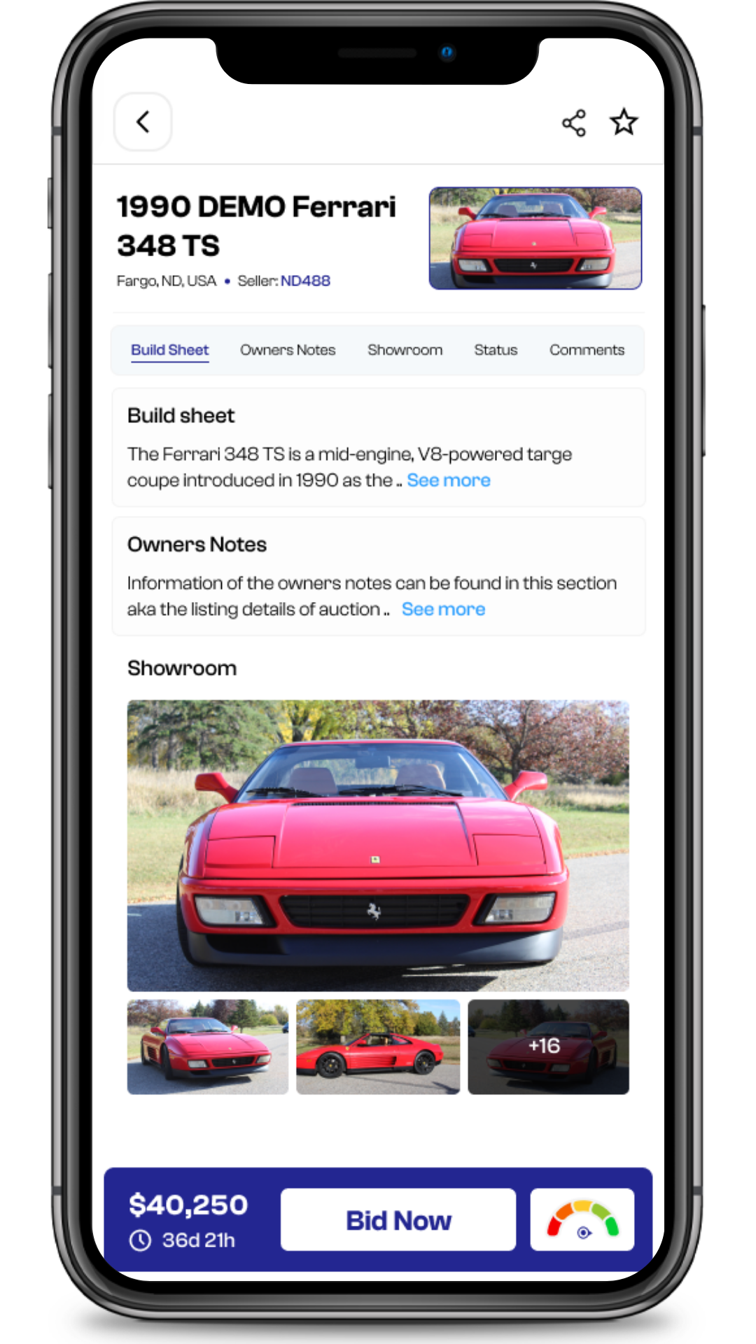 A smartphone displaying a listing for a 1990 Ferrari 348 TS with a bright red exterior, shown in multiple photos, for sale at $40,250 with a bid now option.