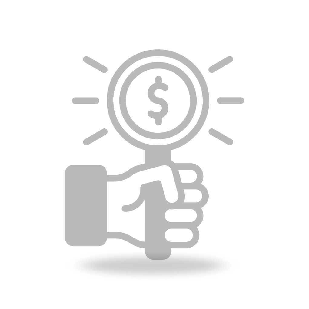 Gray illustration of a hand holding a light bulb with a dollar sign inside, radiating light rays.