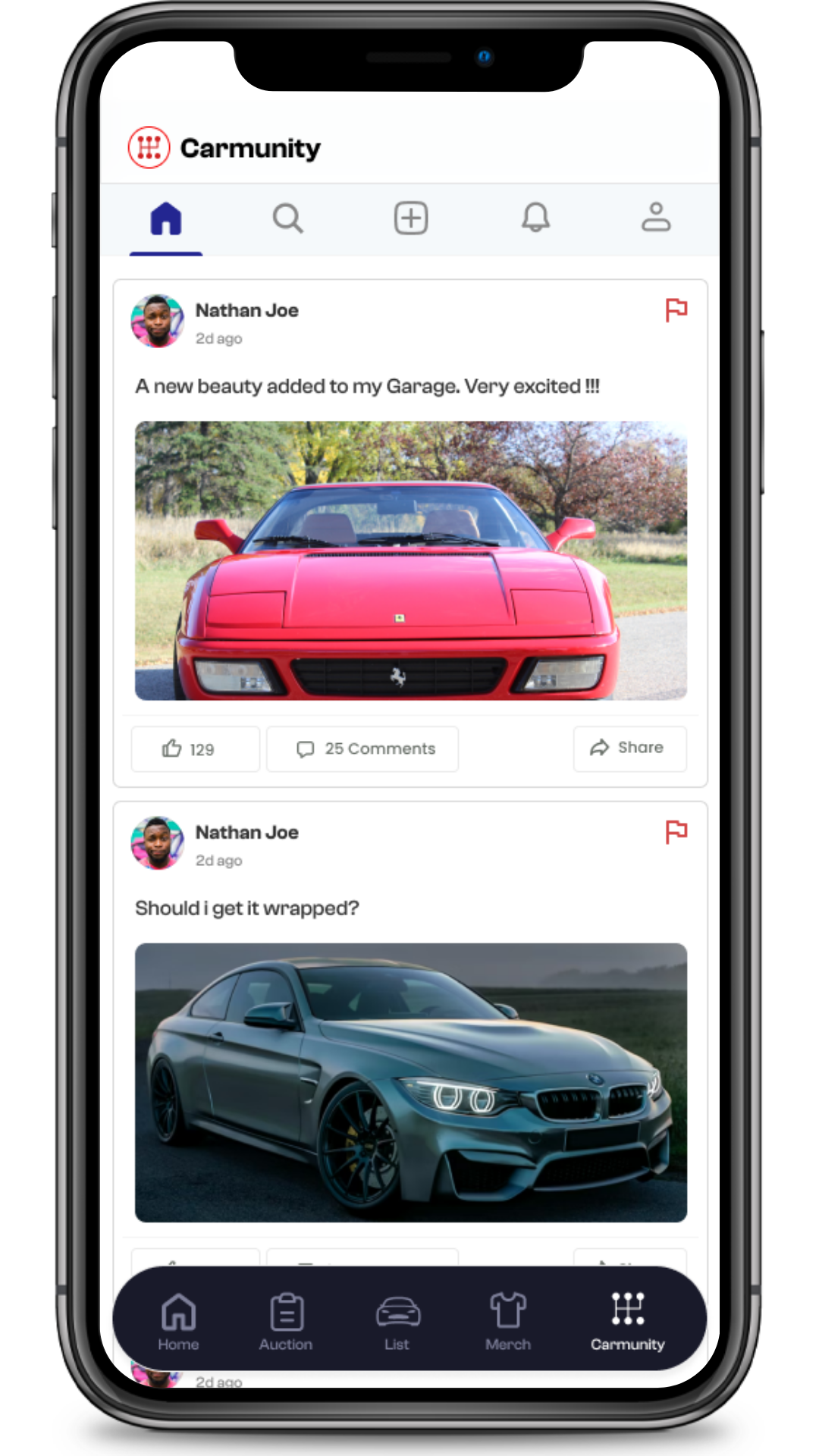 Screenshot of a mobile app showing a social media feed with posts about cars, including a red Ferrari and a gray BMW M4.