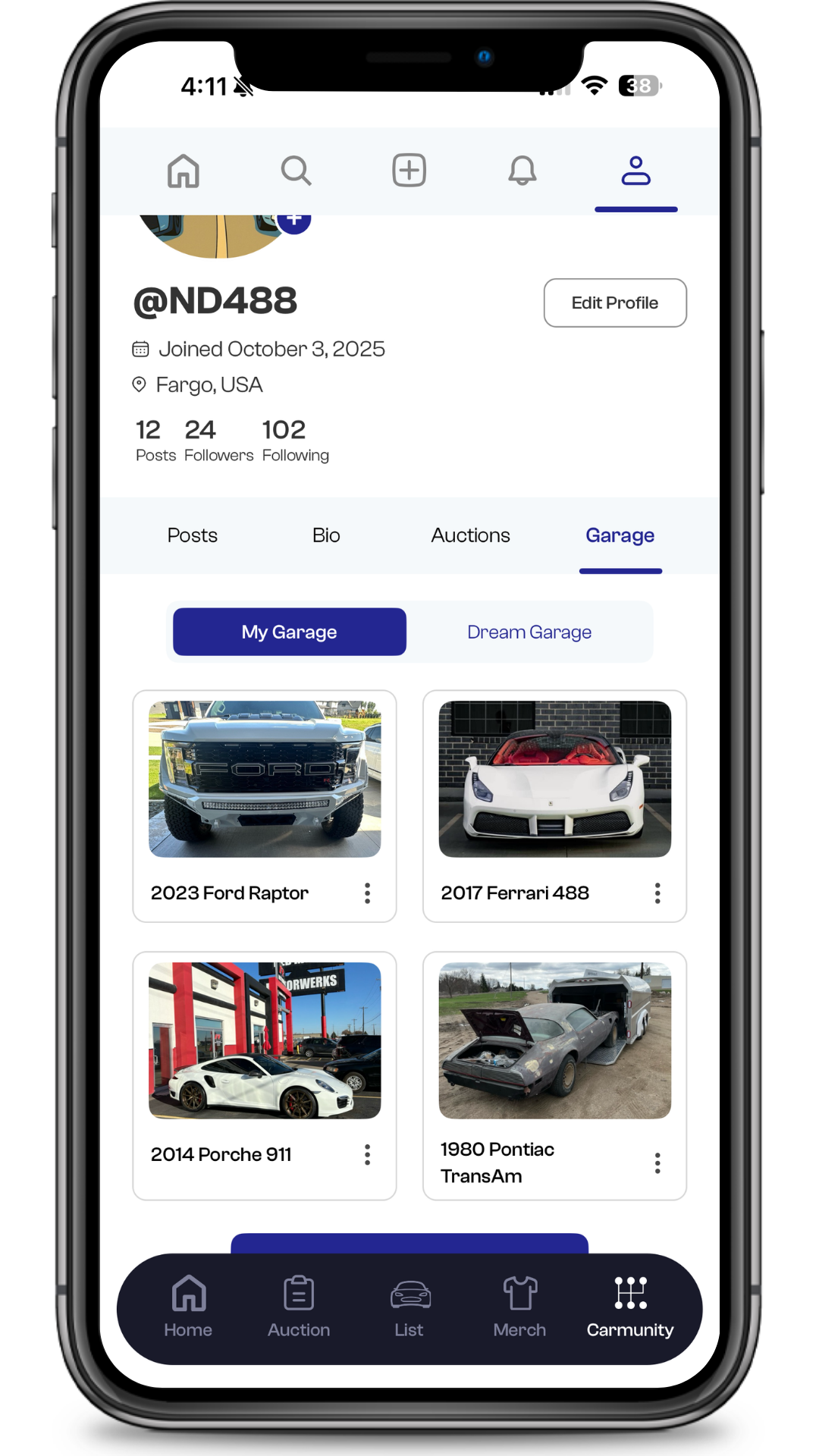 A smartphone screen displaying a social media profile page with a garage of cars, including a 2023 Ford Raptor, a 2017 Ferrari 488, a 2014 Porsche 911, and a 1980 Pontiac TransAm.