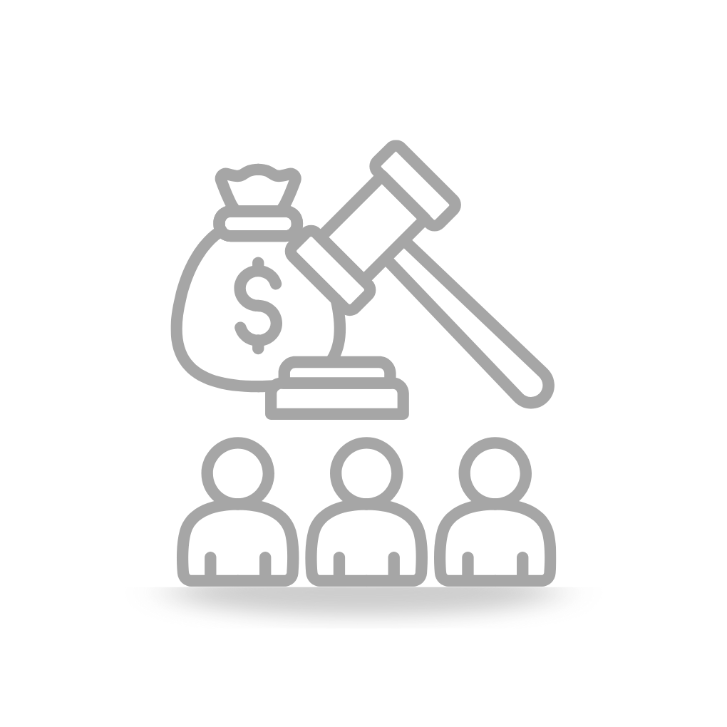 Line art icon of a gavel, a bag of money, and a group of people.