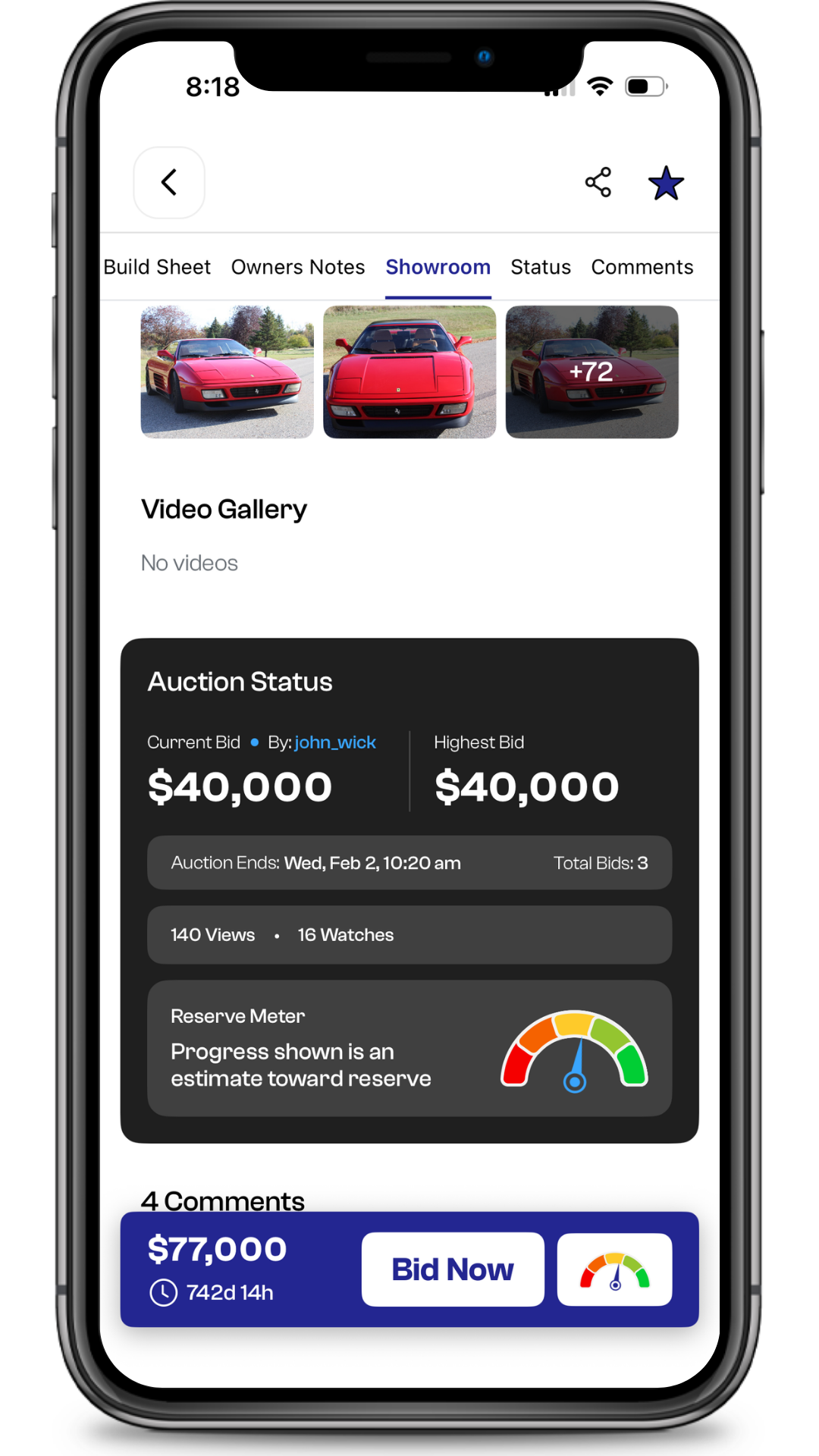 Smartphone screen showing a car auction app with three red Ferraris in the showroom, auction status, current bid of $40,000 by john_wick, high bid, time remaining, and a bid button.