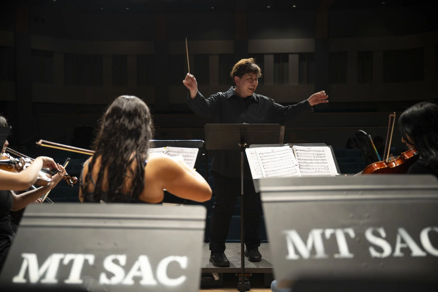 Orchestra conductor leading musicians during a performance in a concert hall.