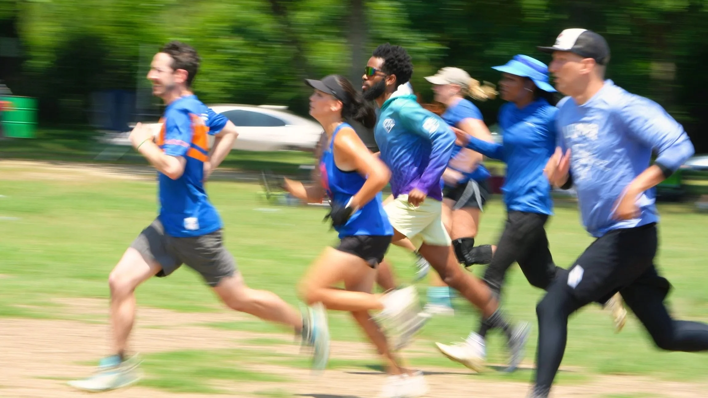 A line of Sugar High players chases down the pull during Two Finger in Dallas-Fort Worth.
