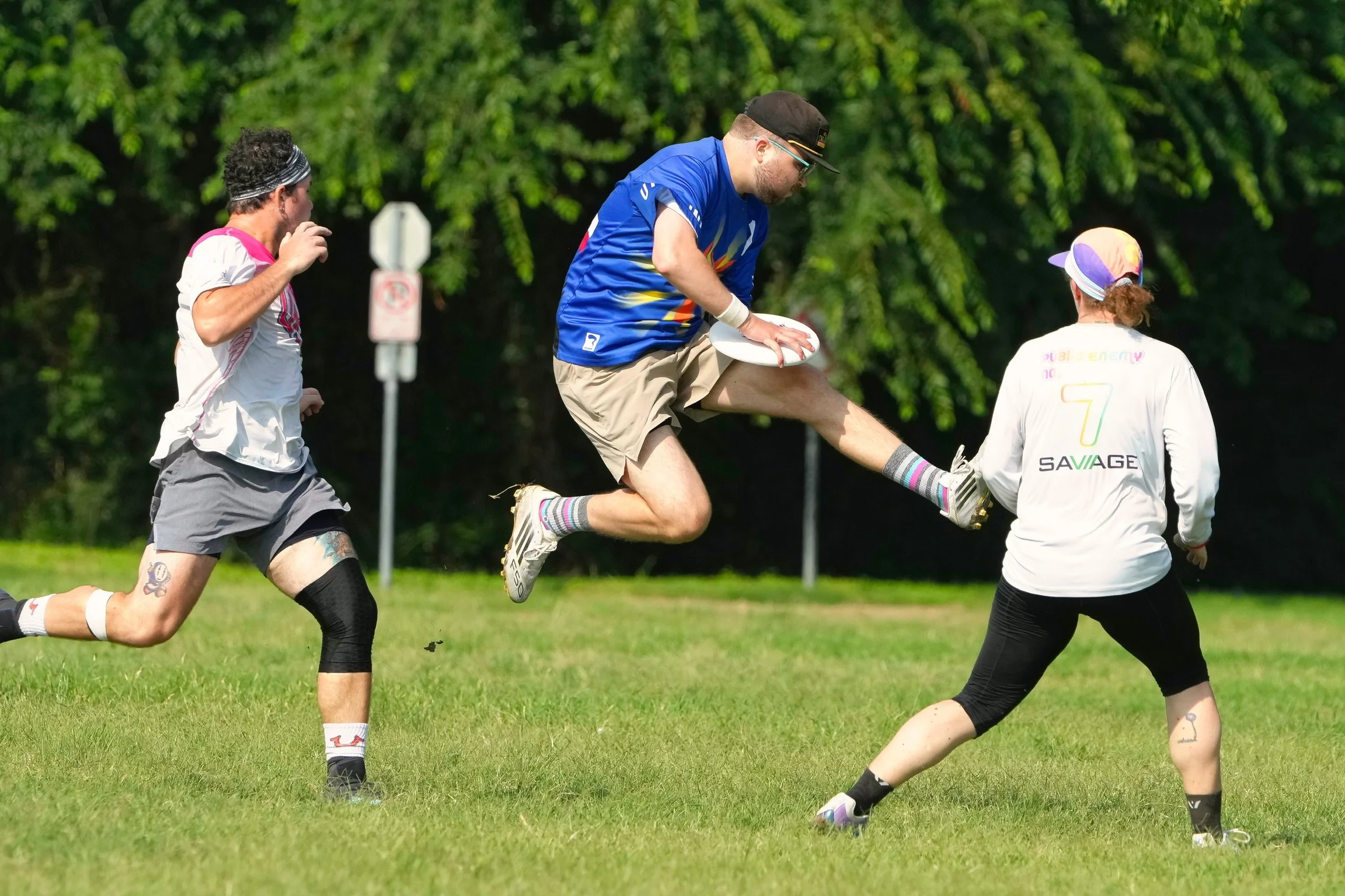 Sugar High's Logan Dillman leaps into the endzone for a score against Risky Business during the Dallas-Fort Worth-based Two Finger tournament in 2025.