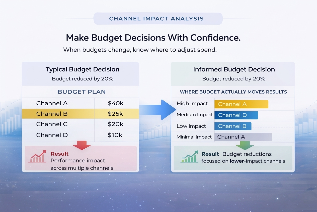 A presentation slide titled 'Channel Impact Analysis' compares typical budget decisions with informed budget decisions, showing how understanding impact channels helps optimize spending, with examples of budget allocations and results.
