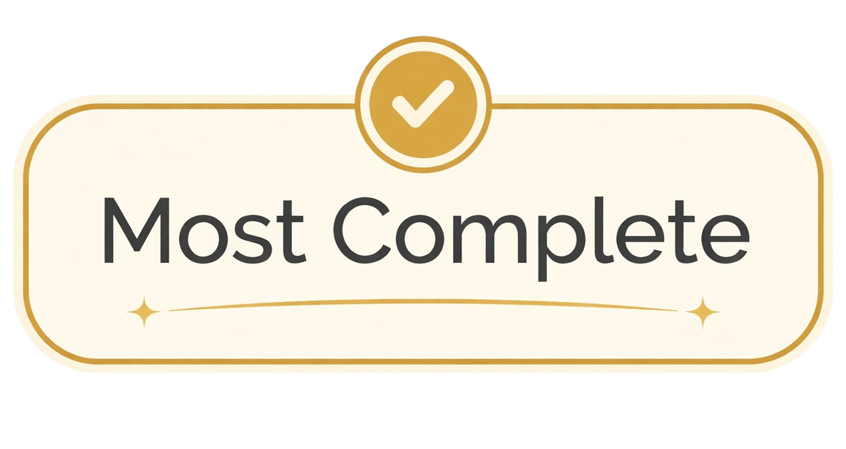 Gold check mark above a label that says "Most Complete" in black text on a cream background with gold accents.