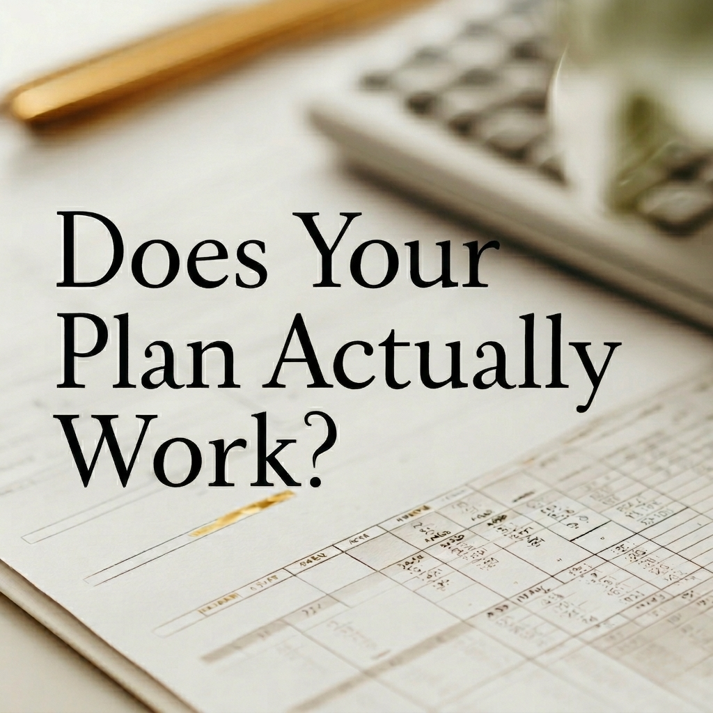 A planner, pen, and calculator on a desk with the text 'Does Your Plan Actually Work?' overlaid in black font.