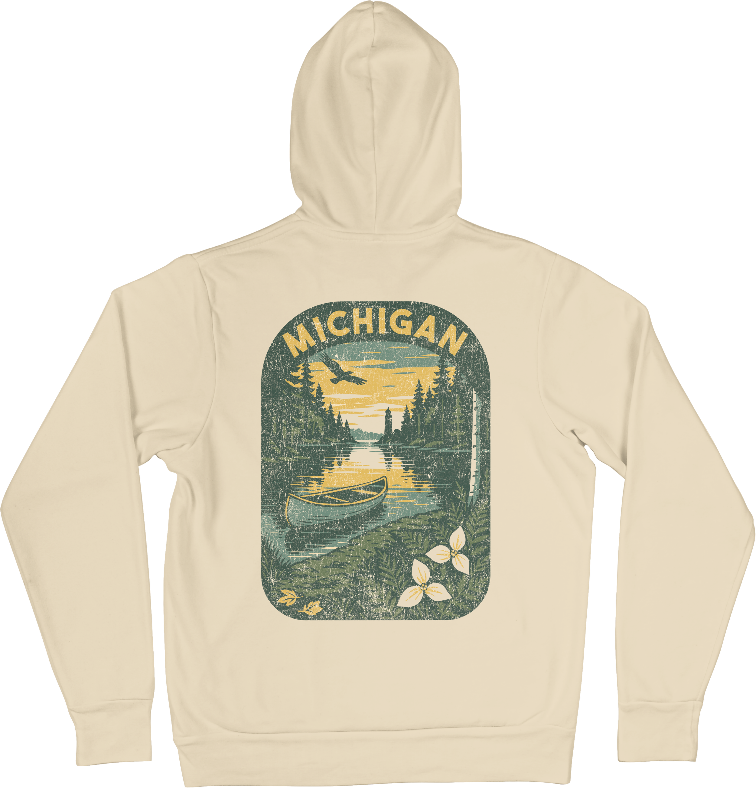 A white hoodie with a vintage-style graphic of a river, boat, trees, and a sunset in Michigan.