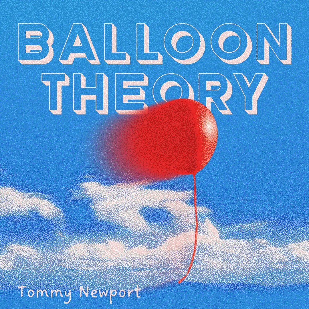 Book cover for 'Balloon Theory' by Tommy Newport, featuring a large red balloon floating in a blue sky with white clouds.
