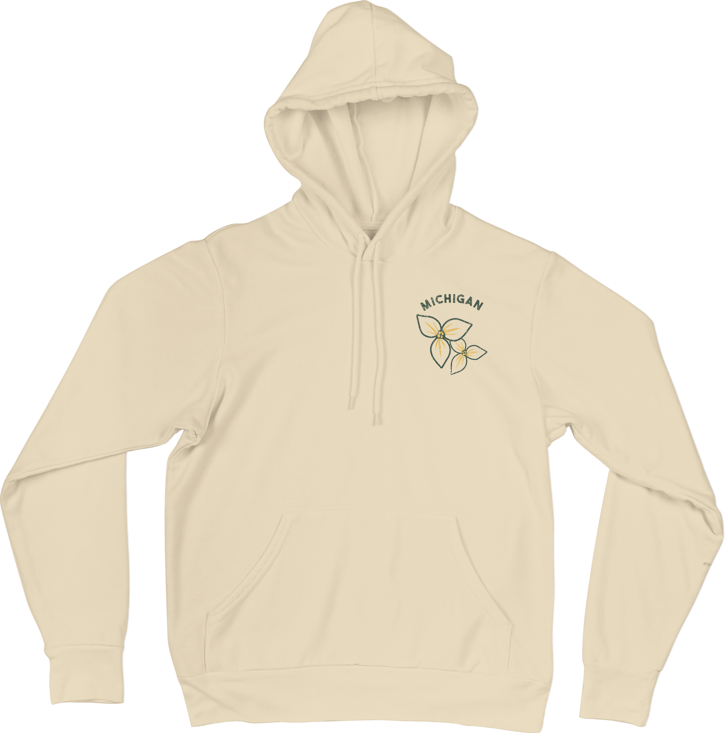 Cream-colored hoodie with a small graphic of a butterfly and the word 'Michigan' on the left chest area.