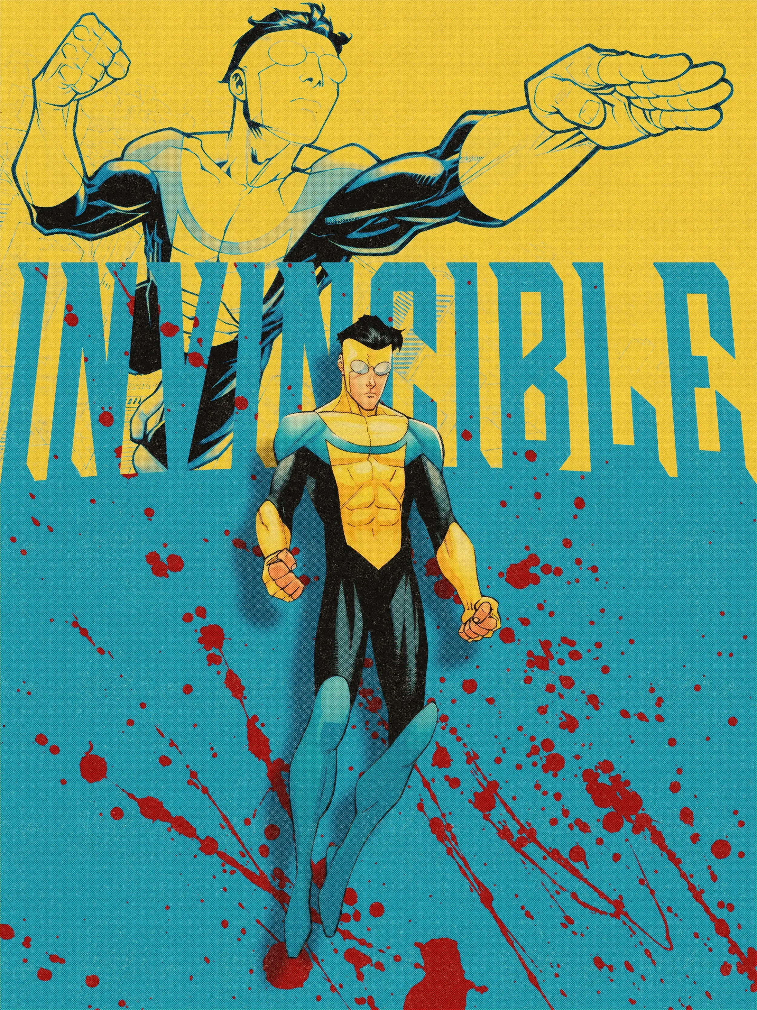 A comic book style illustration of a superhero flying with a clenched fist and wearing sunglasses, with the word 'INVINCIBLE' in bold text behind them and red blood splatters on the blue background.
