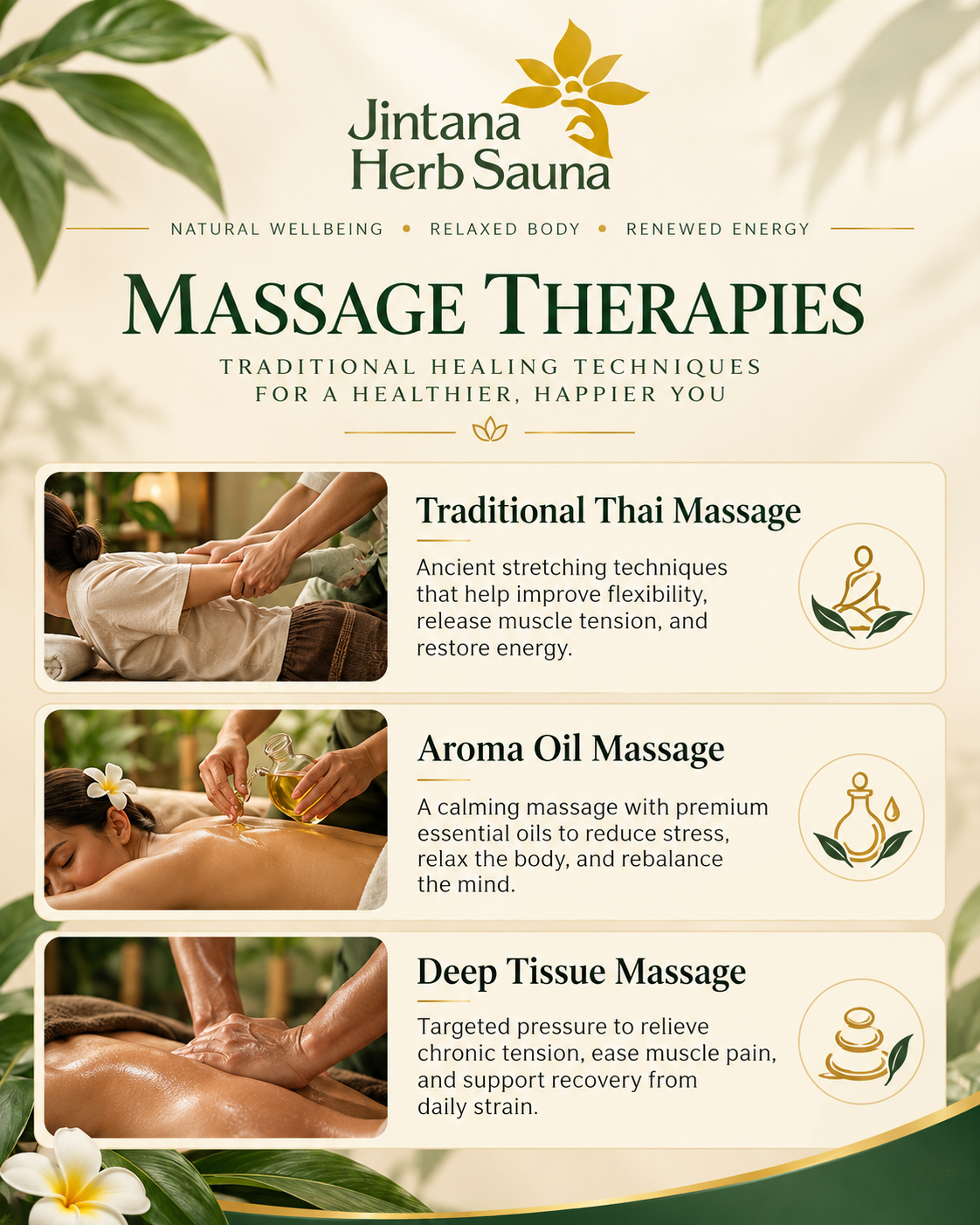 List of massage therapy offerings with herbal pictures and Jintana Herb Sauna logo