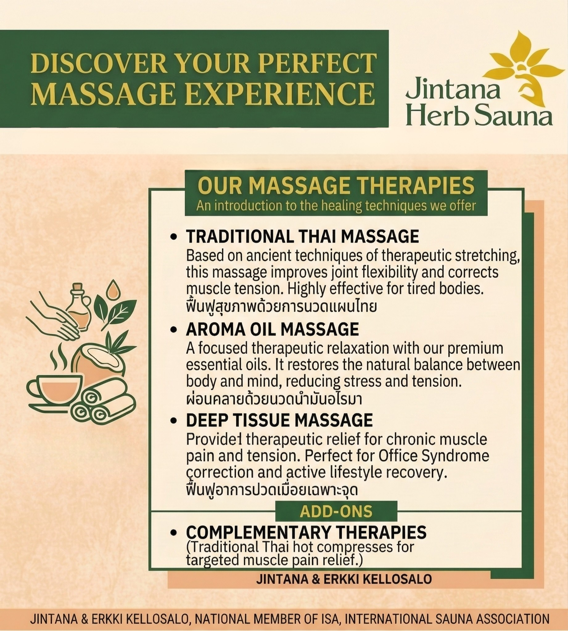List of massage therapy offerings with herbal pictures and Jintana Herb Sauna logo