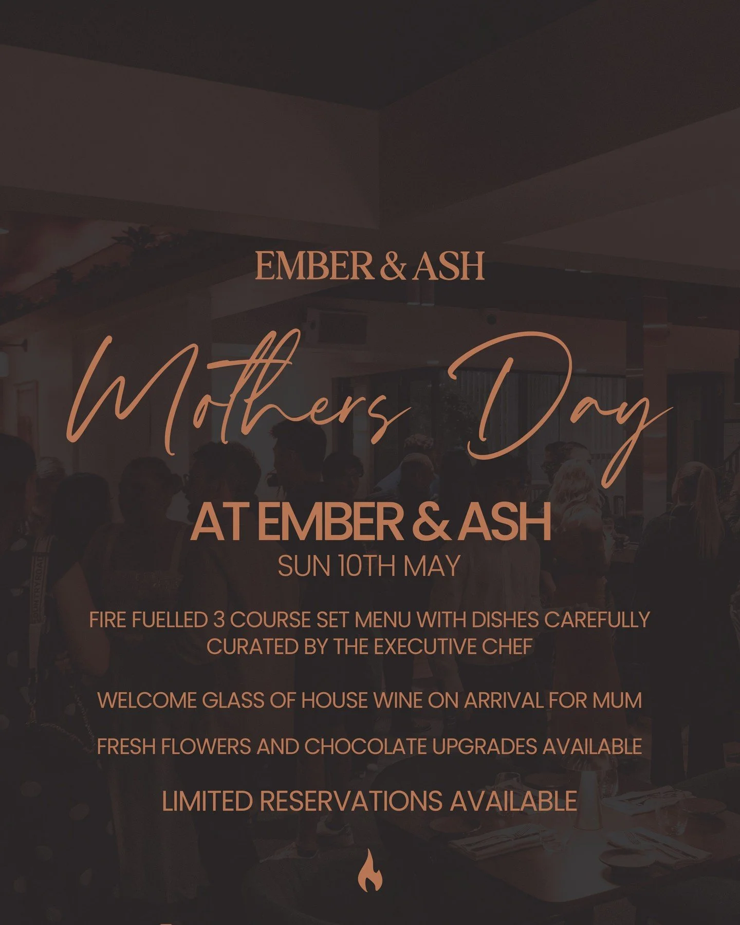 Flame Fused Dining. Made for Mum. ❤️&zwj;🔥

At Ember &amp; Ash, Our chefs have curated a menu of bold, smoky profiles and flame kissed dishes. Enjoy a complimentary glass of house wine for Mum on arrival. 🥂 

Explore a curated 3 course set menu des