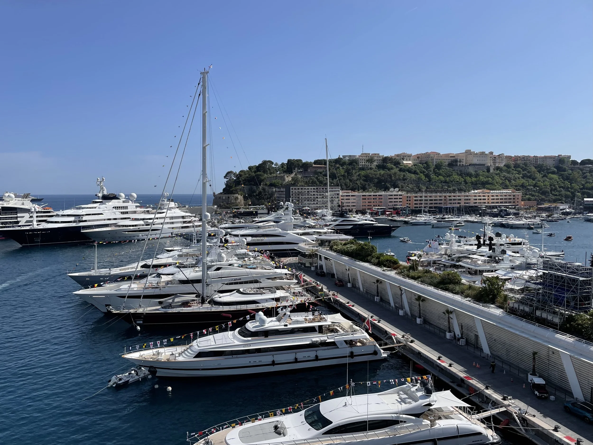 Marina filled with large yachts and boats, with a hillside and buildings in background and a clear blue sky.