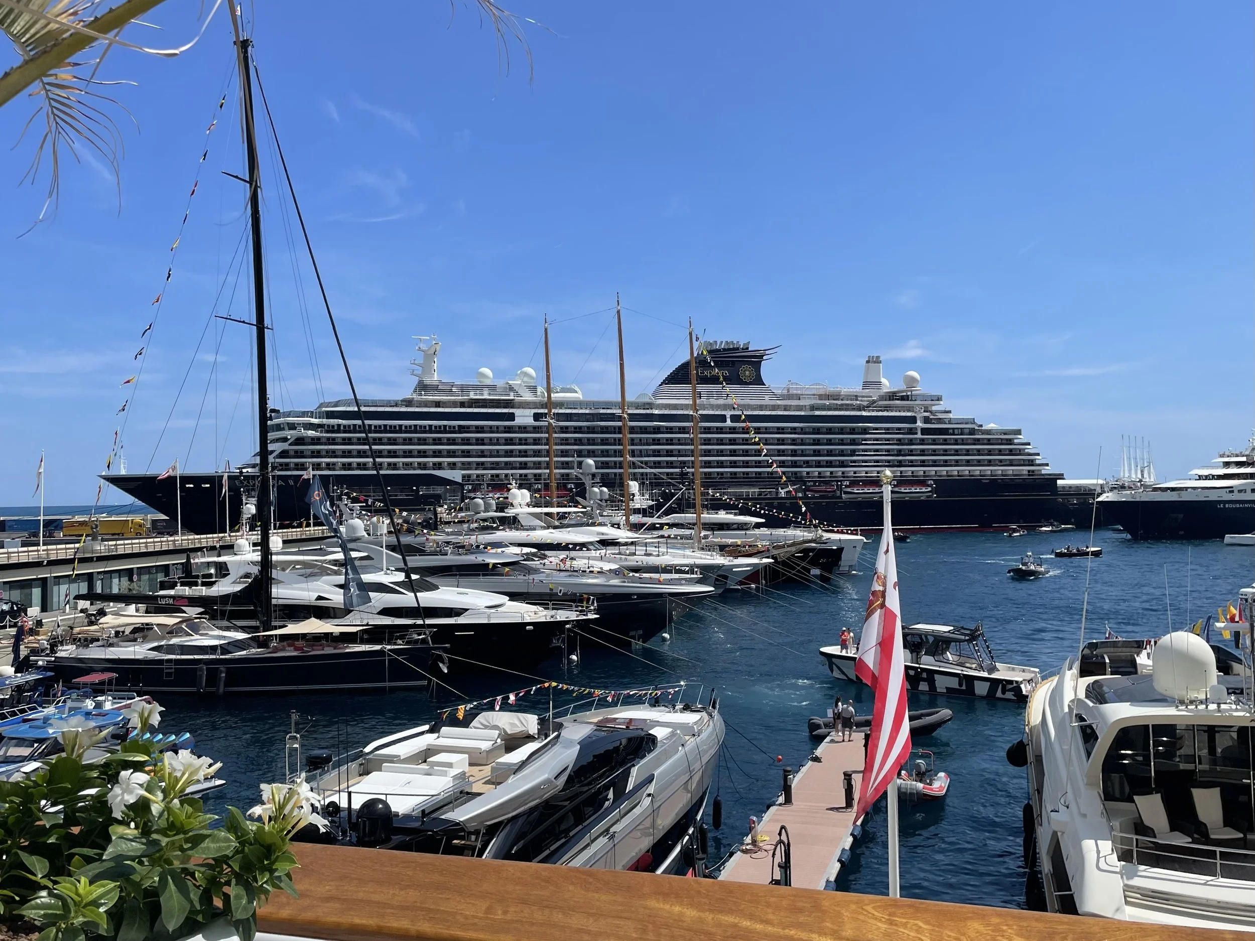 View of a marina with numerous yachts docked, a large cruise ship in the background, and a bright blue sky.
