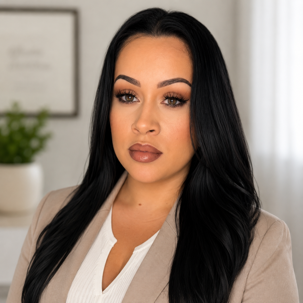 A woman with long black hair, makeup, and a beige blazer in an indoor setting.
