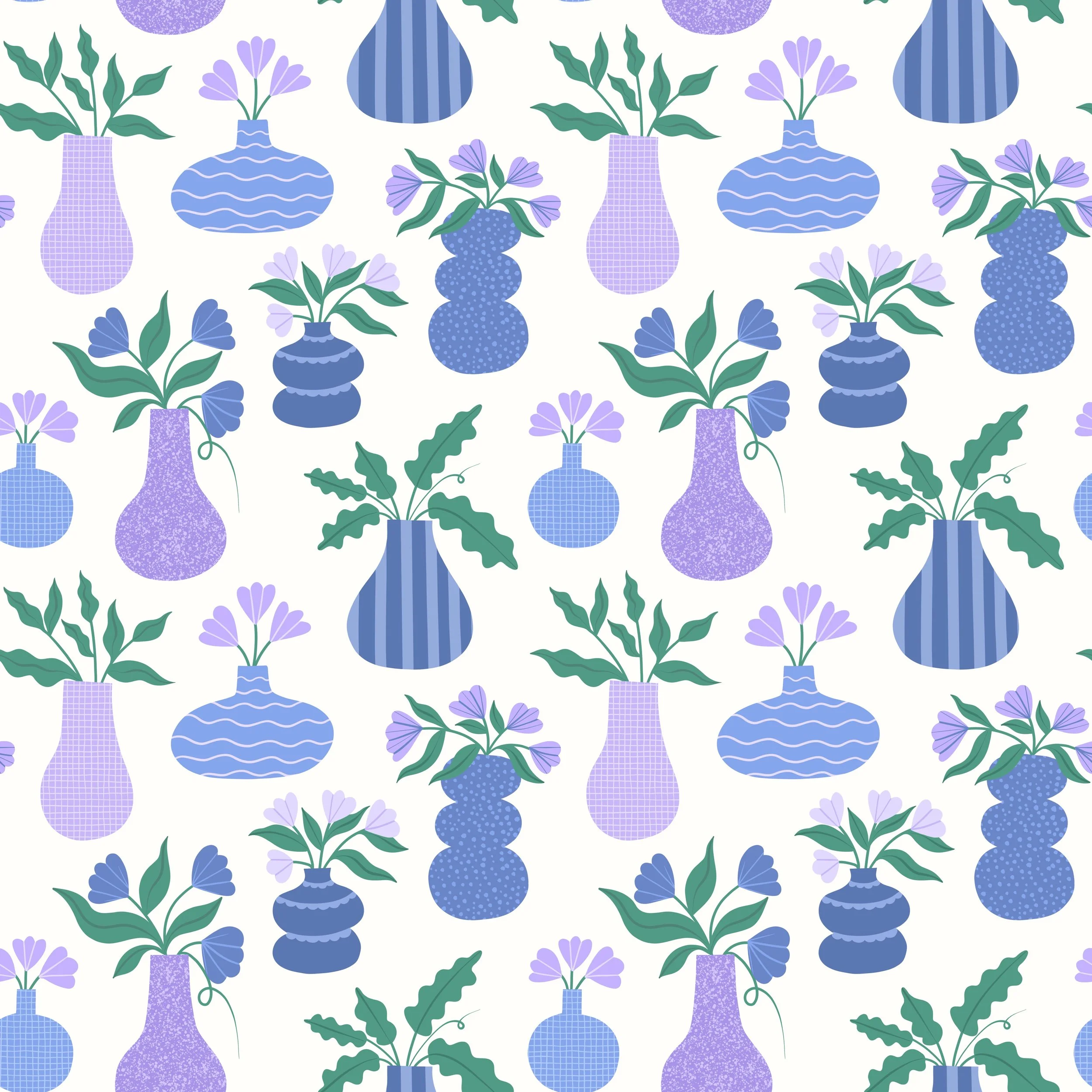 A seamless pattern of various blue and purple vases with green leaves and purple flowers on a white background.
