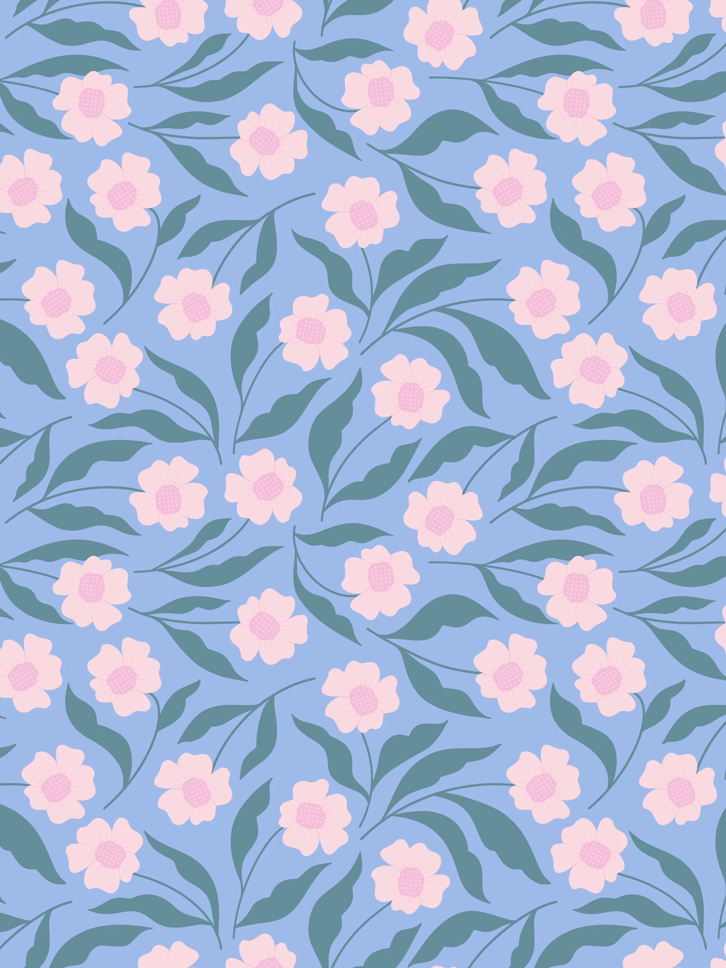 Pattern of pink flowers with green leaves on a blue background.