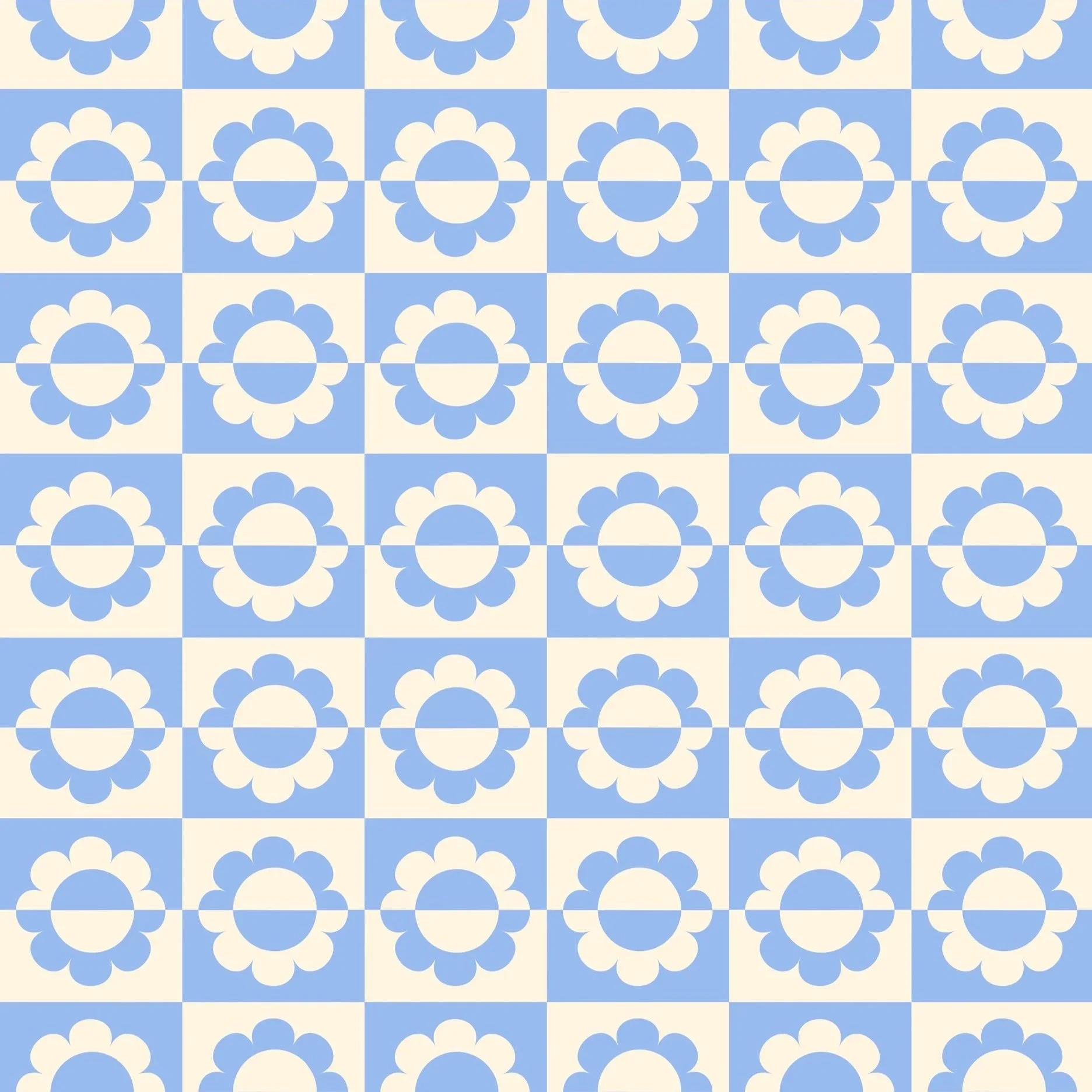 A repeating pattern of blue and white checkered tiles with stylized floral motifs.