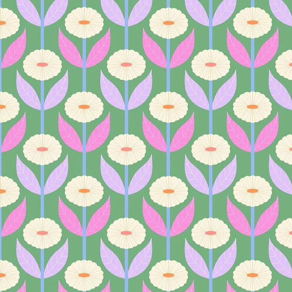A seamless pattern of white flowers with pink centres, purple and pink leaves, and blue stems on a green background.