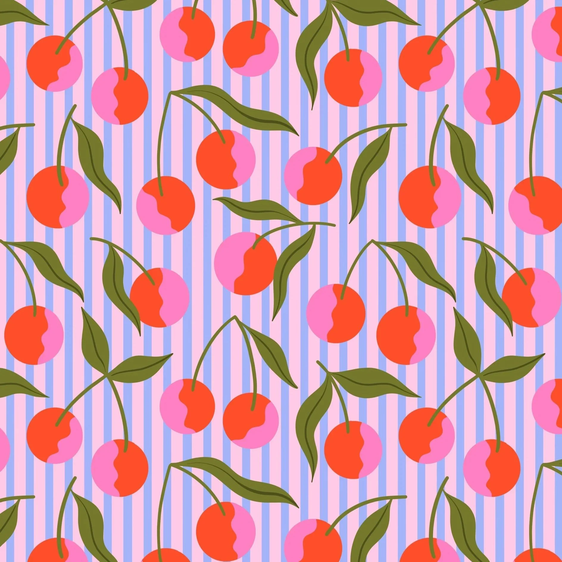 Pattern of cherries with pink and red colors, green leaves, on a pink and purple striped background.